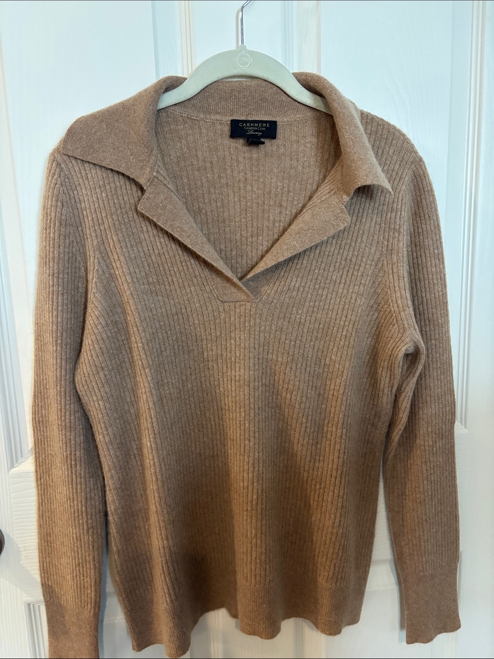 Charter Club - Cashmere Ribbed V-Neck Polo Sweater - Camel